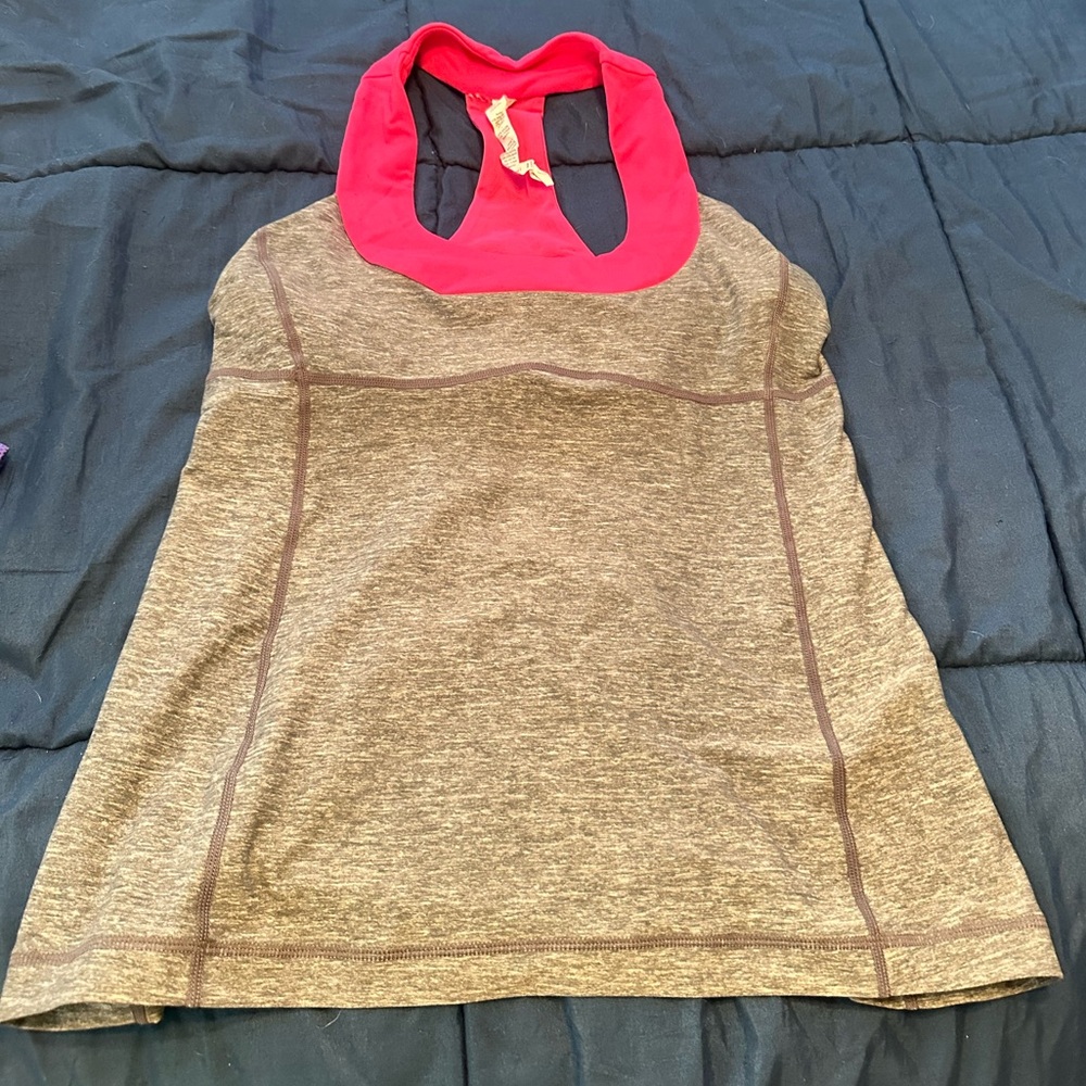 lululemon size 8 Gray Tank Top with Pink Neckline and built in bra